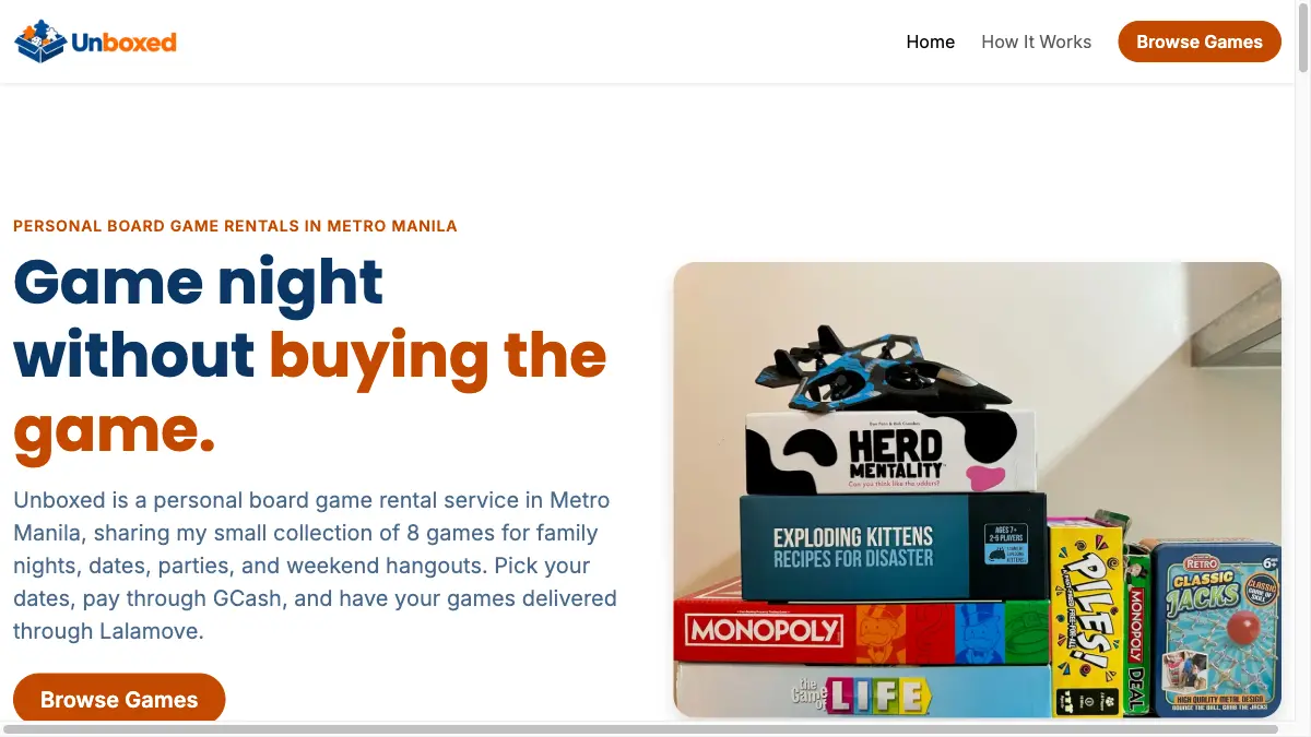 Unboxed board game rental site concept